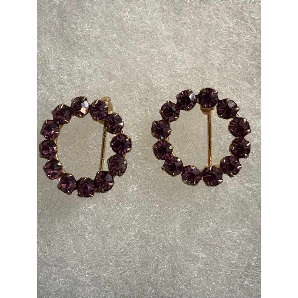 Vintage Purple Rhinestone Circle Pins Gold Tone Wreath Brooches Set of 2